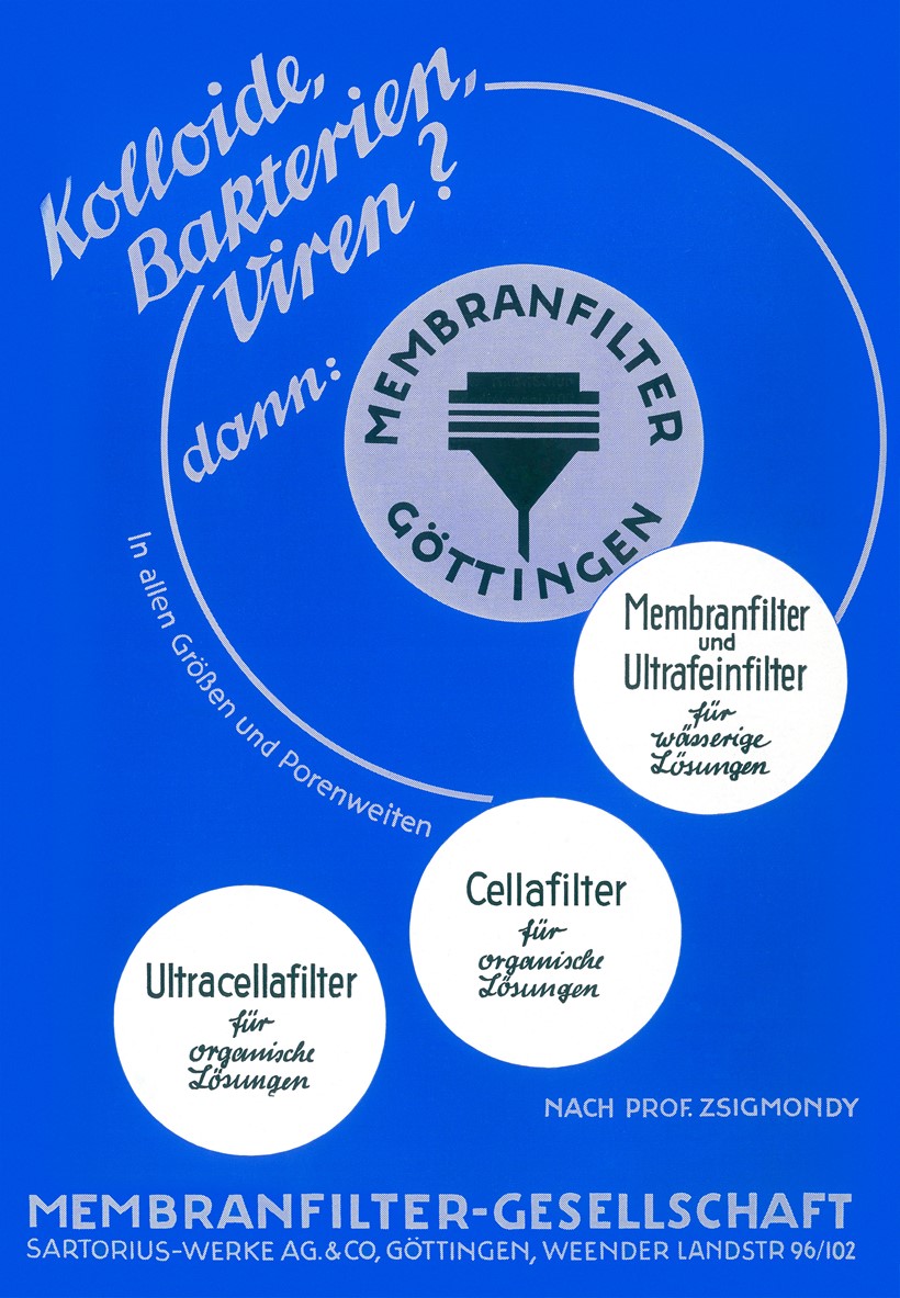 1950. godine Membranfiltergesellschaft objavio je reklamu za membranske filtere. Logo kompanije predstavljao je porculanski aparat za filtraciju u kojeg su se stavljali membranski filteri.